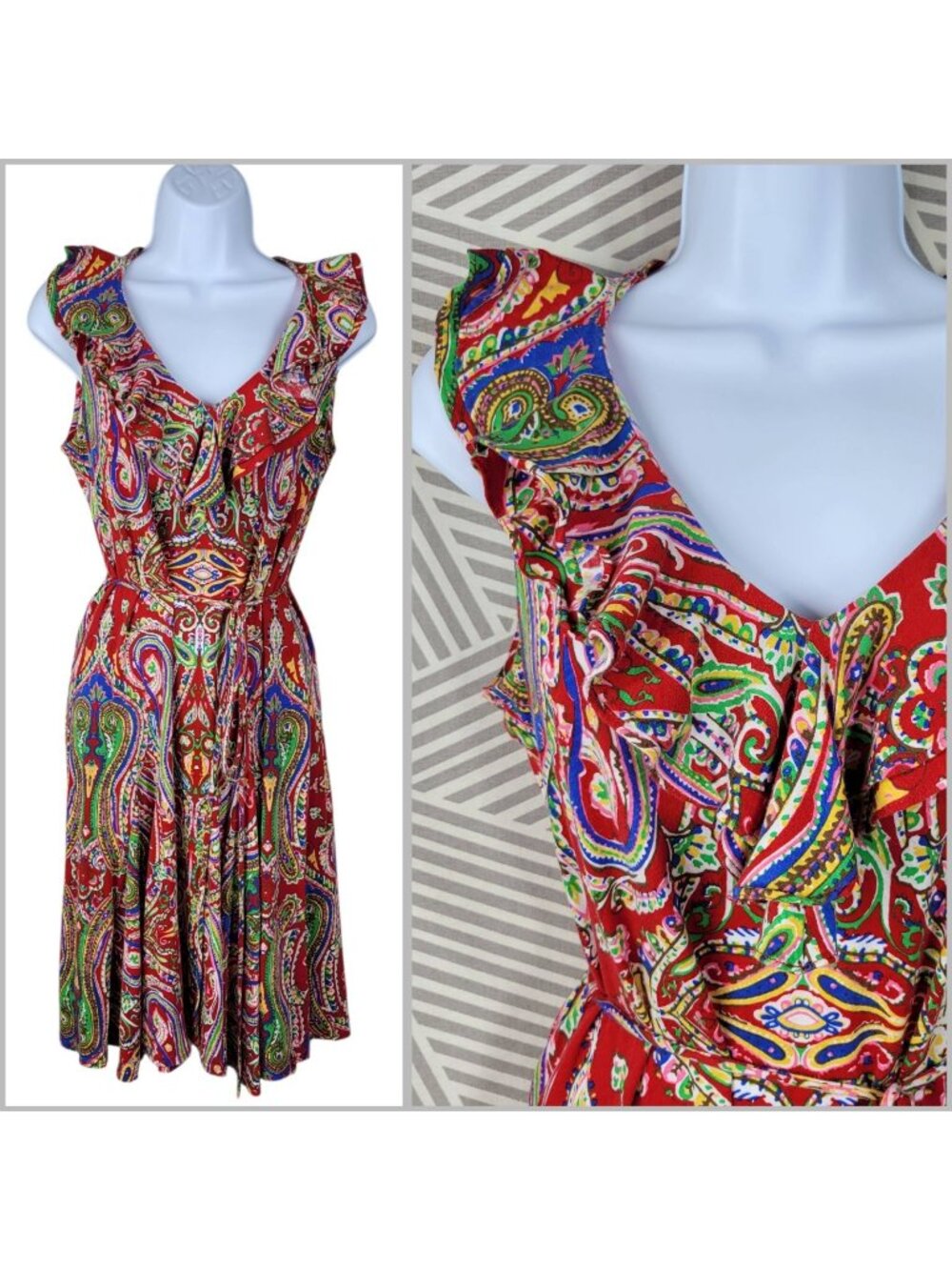 Ralph Lauren Paisley Dress Size Medium Ruffle Red Tie Waist Red Royalcore Blue